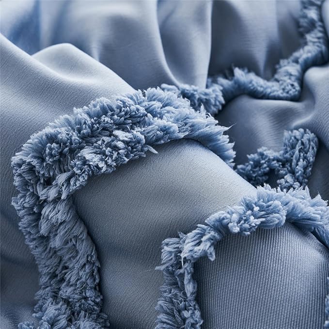 KAKIJUMN Blue Tufted 7-Piece Queen Comforter Set, Shabby Chic Boho Comforter and Sheet Set, All Season Soft Microfiber Complete Bedding Set