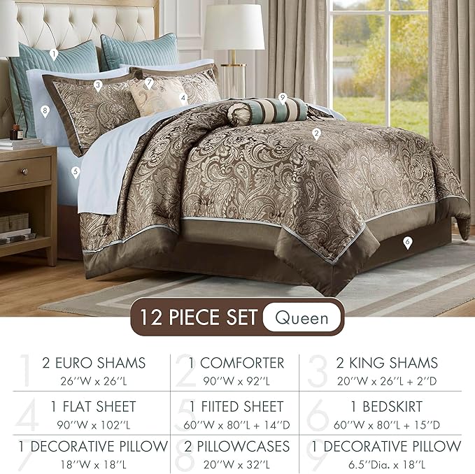 Madison Park Aubrey Cozy Comforter Set, Faux Silk Jacquard Paisley Design - All Season Down Alternative Bedding with Cotton Bed Sheets, Bed Skirt & Toss Pillows, Queen Blue 12 Piece