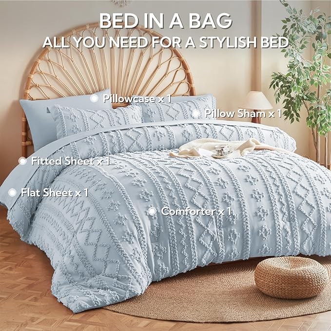 MR&HM Twin XL Comforter Set Dusty Blue, 5 Pieces Bedding Set, Farmhouse Shabby Chic Bed in a Bag with 1 Comforter, 1 Pillow Shams, 1 Pillowcases, 1 Flat Sheet, 1 Fitted Sheet for College Dorm