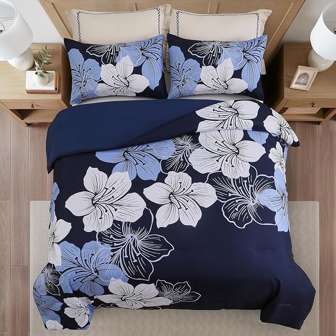 Menghomeus Queen Comforter Set Navy Blue Floral Bedding Comforter Sets - Soft Microfiber Bed Comforter Set for All Season, 3 Piece Botanical Flowers Comforter, Pillowcases