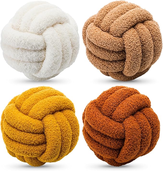 4 Pcs Knot Pillow Ball Soft Sherpa Throw Pillow 8.6'' Decorative Round Accent Pillows Aesthetic Decor Handmade Cushion for Home Couch Bed Sofa Chair(Warm)