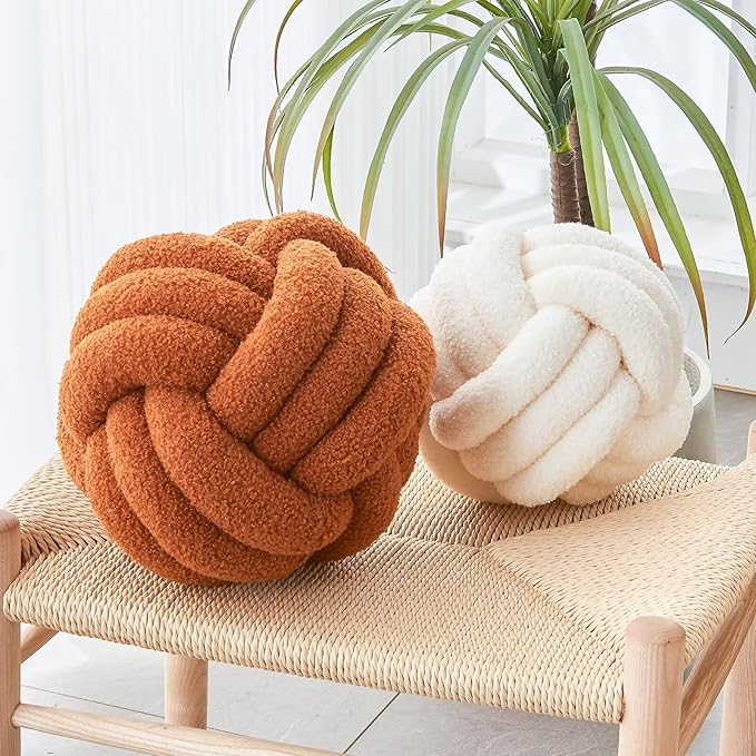 Decorative Throw Knot Pillow Ball for Home Chair Sofa Couch Bed Aesthetic Round Decor Pillows Lambswool Knotted Pillow Cushion (Ivory White, 8inches)