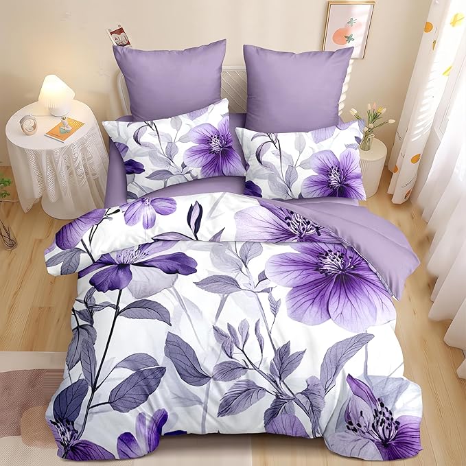 Nayoroom Purple Floral Comforter Set Full Size Lavender Blooming Flower Leaf Printed Spring Comforter 3 Pcs Soft Lightweight Cottagecore Bedding Set for All Seasons (1 Comforter, 2 Pillowcases)