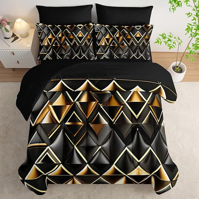 7 Piece Black and Gold King Comforter Set Geometric Pattern,King Quilt Bedding Set Checkered,(1 Comforter, 1 Flat Sheet, 1 Fitted Sheet, 2 Pillowcase and 2 Pillow Sham)