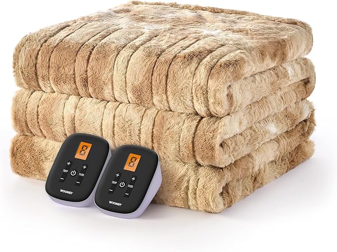 WOOMER Heated Blanket Queen Size 84" x 90", Electric Blanket with 0.5-12 Hours Timer & 10 Heating Levels, ETL Certified, Marble Blue Double-Sided Faux Fur, Machine Washable