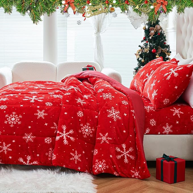 YIYEA Christmas Faux Fur Comforter Set Queen Size with Fitted Sheet, Luxury Ultra Soft Fuzzy Comforter, Fluffy Plush Velvet Bedding Comforter Sets for Fall Winter, Cozy Warmth, No Shedding, 4PC