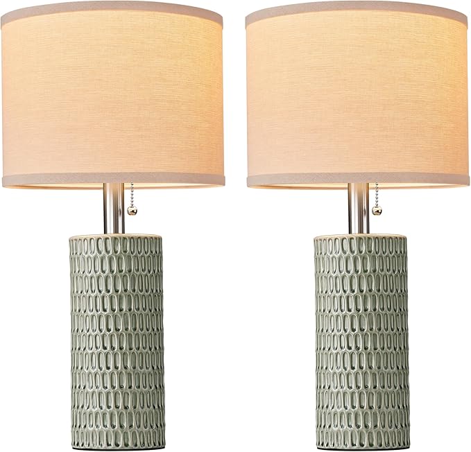 20.5" Modern Ceramic Table Lamps for Bedroom Set of 2, Bedside Lamps for Night Stands with Beige Lampshade, Farmhouse Table Lamp for Living Room Office Dorm, Light Green