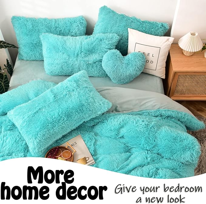 MorroMorn Fluffy Heart Throw Pillows, Shaggy Decorative Pillow for Sofa Couch Bed, Cute Room Decor Decorations for Women Girls Kids (Aqua)