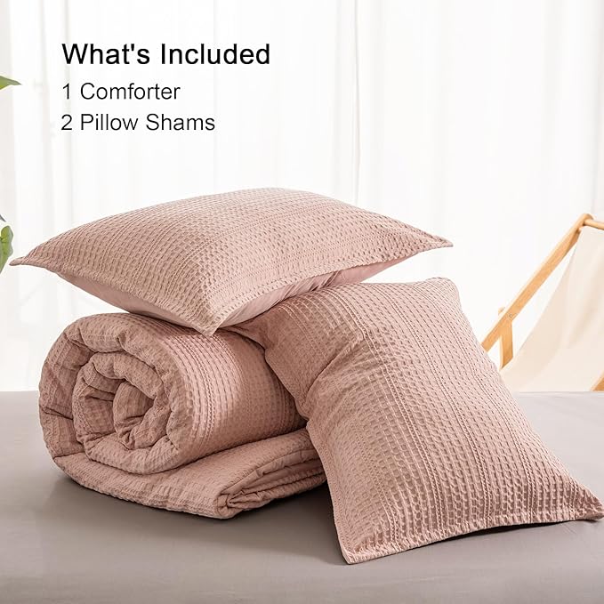 PHF Soft Waffle Comforter Set Queen Size- Comfy Breathable Waffle Weave Comforter with 2 Pillow Shams, 3 Pieces Less Snagging Lightweight Textured Bedding Set for All Season, Rose Pink