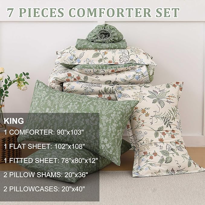 WONGS BEDDING Floral Comforter Set King Size,7 Pieces Bed in a Bag Flower Bedding Sets Botanical Microfiber Comforter Soft Loghtweight Bed Set with Sheet,Pillowcases&Shams