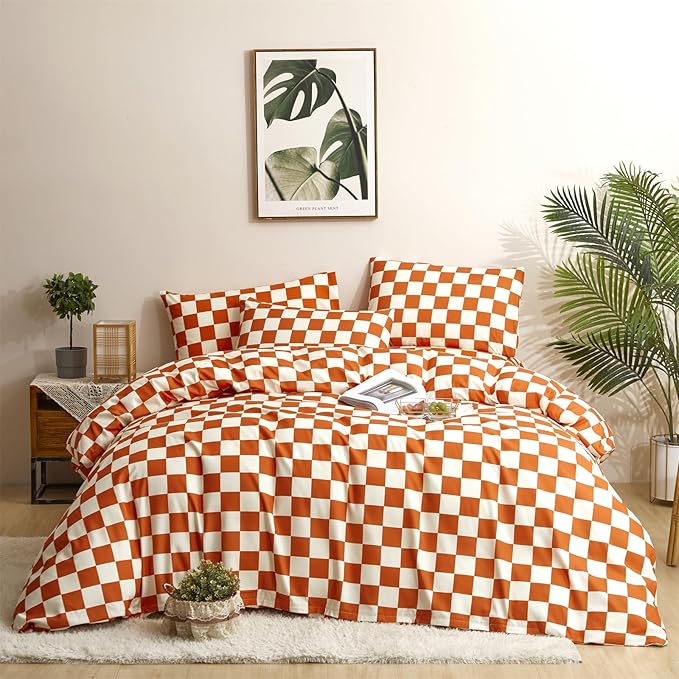 CLOTHKNOW Orange Plaid Twin Comforter Set 3Pcs Grid Bedding Comforter Sets Soft All Season Checker Comforter with 2 x Pillow Cases