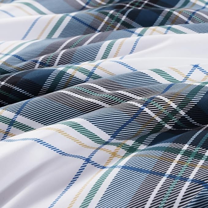 MaiRêve Queen Size Plaid Comforter Set Blue White, Classic 7 Pieces Farmhouse Bedding Set, All Season Lightweight Bed in A Bag with Sheets, Pillowcases & Shams