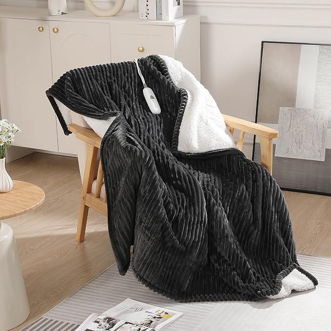 Electric Throw Heated Throw 50''x60'', Striped Flannel & Thicker Sherpa, 5 Heat Settings & 4 Hour Auto Off with FCC/ETL Certified, Overheat Protection & Machine Washable, Great Gift, Charcoal Grey