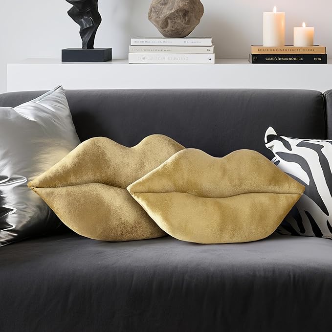 AELS 3D Large Lips Throw Pillows, Set of 2, Soft Decorative Love Pillows, Velvet Cute Pillow for Couch, Sofa, Bed, Living Room, Bedroom, Bronze Gold