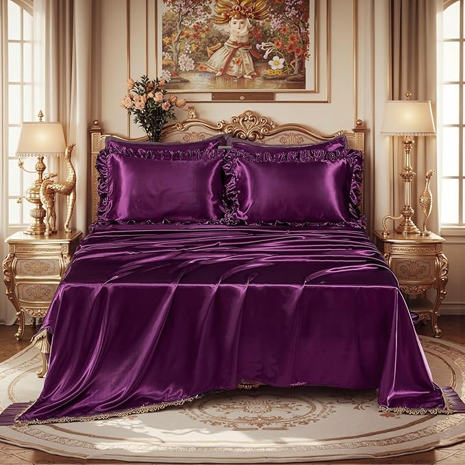 Silk Like Satin Comforter Set with Sheet Set King 8 Pcs Purple Satin Bedding Set Silky Ruffle Pattern Home Deocr Luxury Hotel Silky Bed in a Bag with 1 Cushion Cover