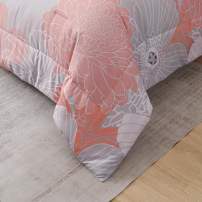 Yiran Blush Grey Floral Bed in a Bag Comforter 7 Pieces Soft Microfiber Comforter Set Bedding Set King Size 104"×90"(1 Comforter,2 Pillowcases,2 Pillow Shams,1 Flat Sheet,1 Fitted Sheet)
