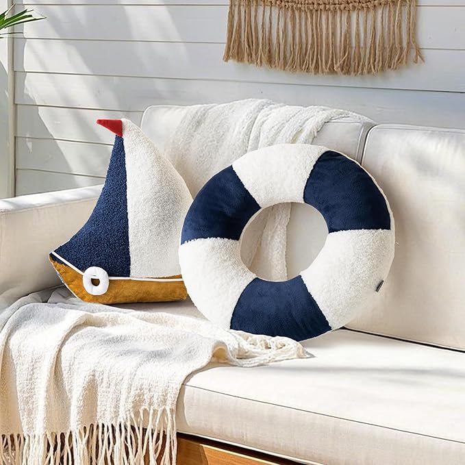 AELS Sailboat & Lifebuoy Nautical Throw Pillows Set of 2, Coastal Decor for Beach Enthusiasts Beach House, Ideal for Sofa Couch Living Room Bedroom and Nursery, Navy Blue and White