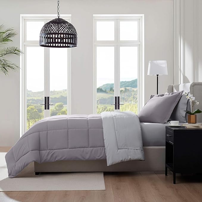 Nestl 5 Piece Twin Comforter Set – Grey Lavender Reversible Bed in a Bag – Complete Twin Size Bedding Set with Sheets, Pillowcase and Sham