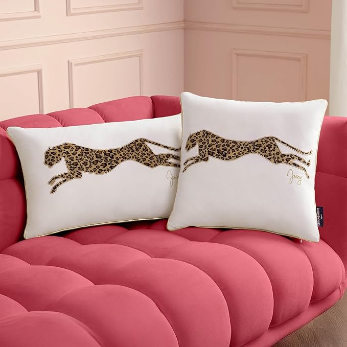 Juicy Couture Reversible Velvet Cheetah Pillow, 18" x 18" Decorative Pillow, White