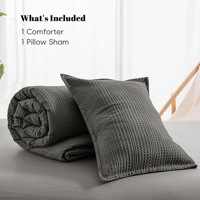 PHF Soft Waffle Comforter Set Twin Size- Comfy Breathable Waffle Weave Comforter with 1 Pillow Shams, 2 Pieces Less Snagging Lightweight Textured Bedding Set for All Season, Grey