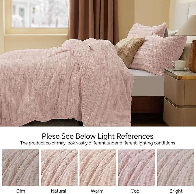 BEDELITE Fleece Queen Comforter Set -Super Soft & Warm Fluffy Pink Faux Fur Bedding, Luxury Fuzzy Heavy Bed Set for Winter with 2 Pillow Cases