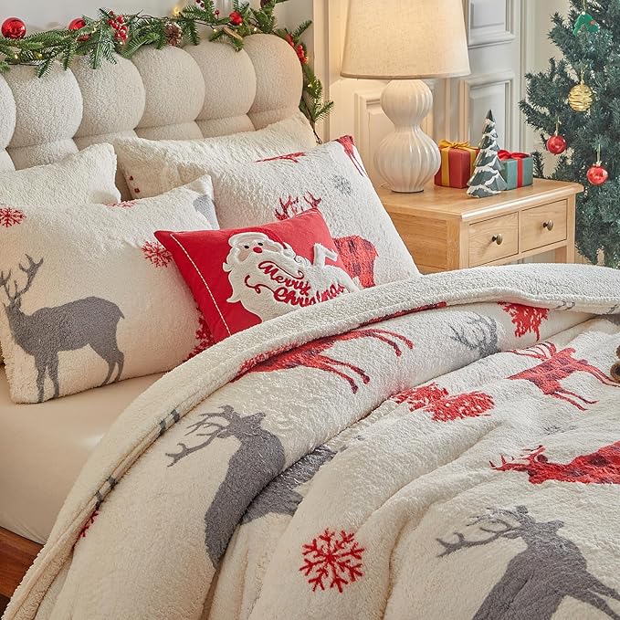Christmas Sherpa Comforter Set Queen Size 3 Pieces Holiday Winter Bedding Microfiber Warm Fleece Comforter with 2 Pillow Shams - Thanksgiving New Year Gift Choice with Red Snowflake Gray Xmas Deer