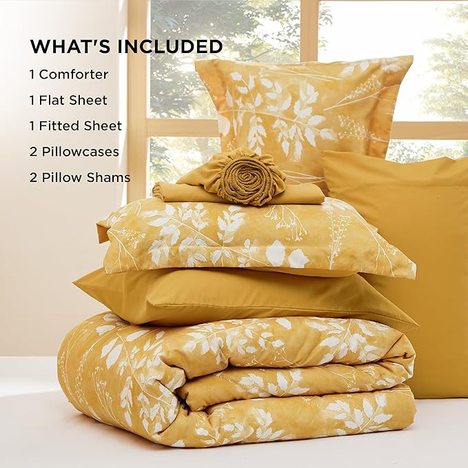Bedsure Queen Comforter Set - 7 Pieces Floral Yellow Soft Bedding Sets, Queen Bed in a Bag with Botanical Flowers Comforter, Sheets, Pillowcases & Shams