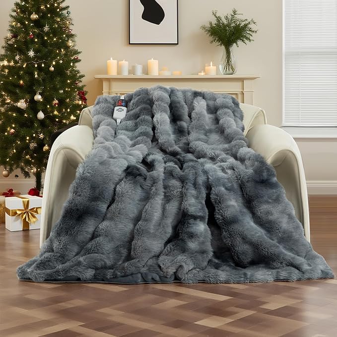 Faux Fur Electric Throw Blanket for Couch - 50"X60" Bubble Faux Fur Heated Blanket Fluffy Fuzzy Soft Thick with 6 Fast Heating Levels & 4 hrs Timer Settings, Washable & ETL Certified, Tie-Dye Blue