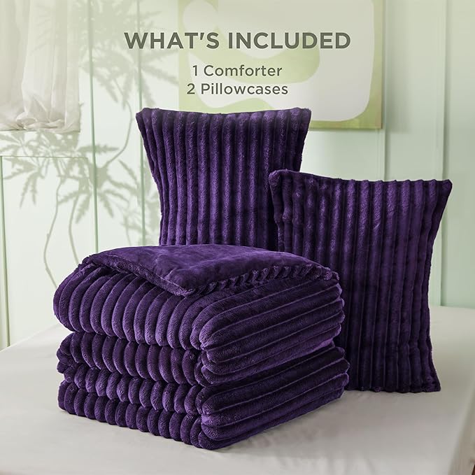 Bedsure Comforter Full Size - GentleSoft™ 3 Pieces Fluffy Double-Side Fleece Comforter Set, Cozy Striped Room Decor Aesthetic, Luxury Purple Full Size Bedding with 2 Pillowcases, 82x86 Inches
