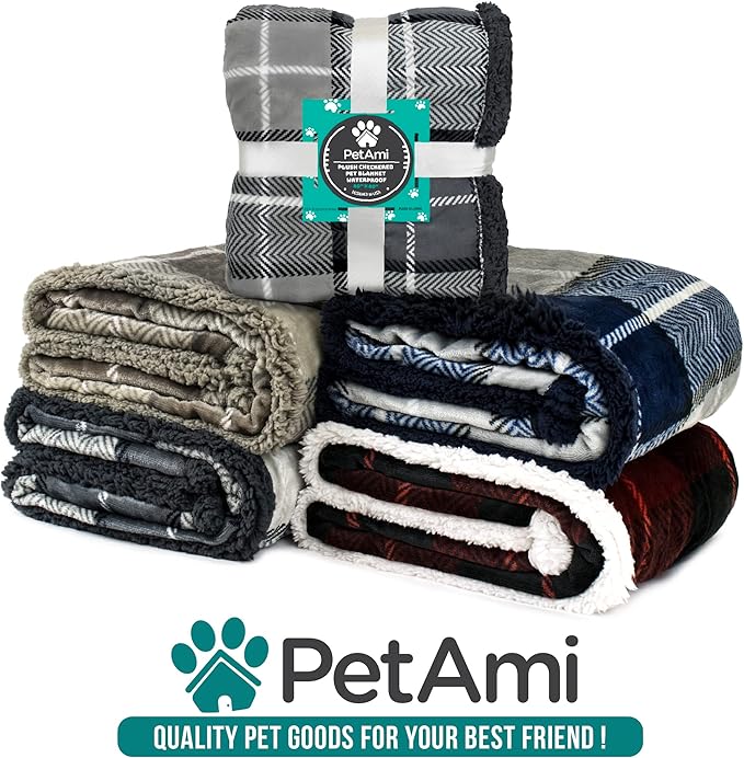 PetAmi Waterproof Dog Blanket for Medium Large Dog Puppy Cat Throw for Couch Cover Leakproof Protection, Sherpa Fleece, Reversible Soft Washable 60x40 Plaid Charcoal Gray