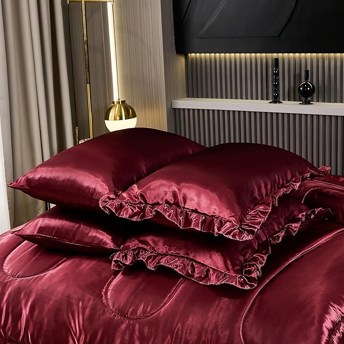Silk Like Satin Comforter Set with Sheet Set King 8 Pcs Burgundy Satin Bedding Set Silky Ruffle Pattern Home Deocr Luxury Hotel Silky Bed in a Bag with 1 Cushion Cover