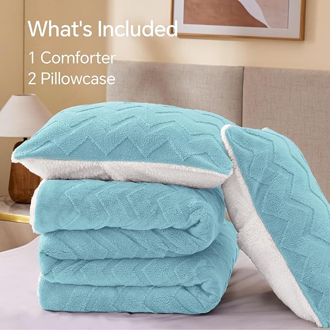 BEDELITE Fluffy Twin Comforter Set - Super Soft Sherpa Light Blue Comforter for Twin Size Bed, Luxury Warm Bedding Set for Winter, Fuzzy Bed Set 2 Piece (1 Comforter, 1 Pillowcase)
