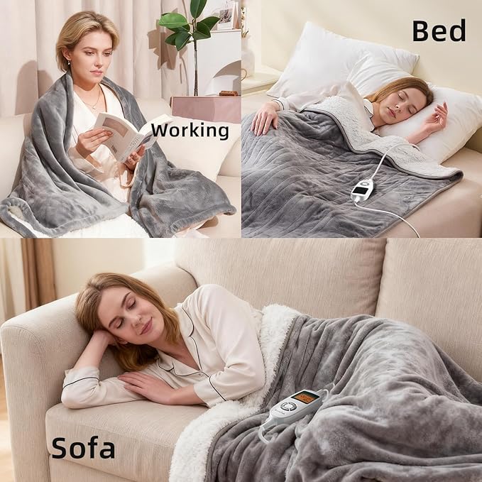 RAINOVA Heated Blanket Electric Throw, Electric Blanket-72''x84'', Soft Heating Blanket, 10-Level Heating, 10-Hour Auto-Off, Gifts for Parents and Elders, Gray, ETL & FCC Certified
