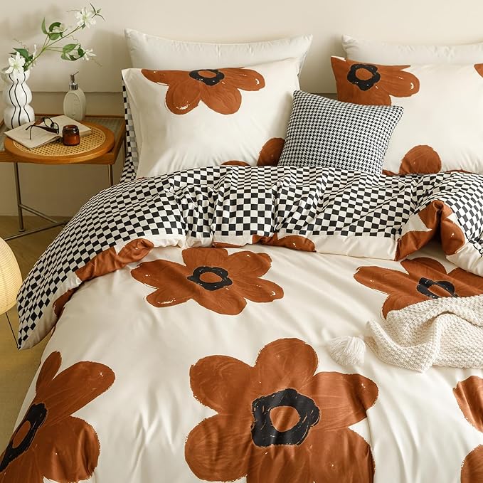 CLOTHKNOW Brown Floral Full Size Comforter Sets 3Pcs Sunflower Bedding Comforter Sets Black White Plaid Comforter Botanical Comforter with 2 x Pillow Cases
