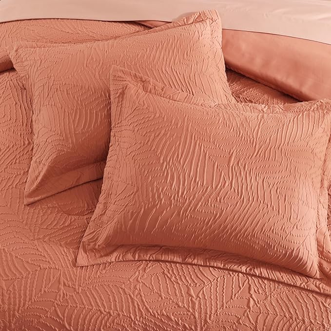 Geniospin Queen Size Comforter Set - 7 Pieces Burnt Orange Bedding Set, Botanical Textured Fall Comforter Set, All Season Lightweight Bed in a Bag with Comforter, Sheets, Pillowcases & Shams