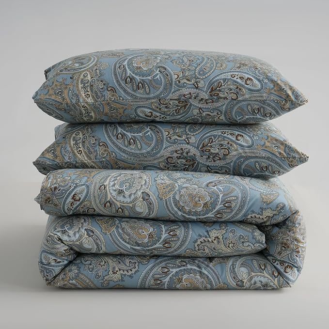 Blue Paisley Comforter Set Queen, 100% Cotton Boho Paisley Pattern Comforter Set 3 Pcs Soft Cotton Lightweight Comforter All Season Down Alternative Bedding Sets