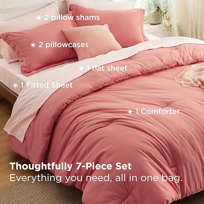 Bedsure Full Size Comforter Set - 7 Pieces Coral Full Bedding Set for All Seasons, Boho Contrasting Design Bed in a Bag with Comforter, Sheets, Pillowcases & Shams