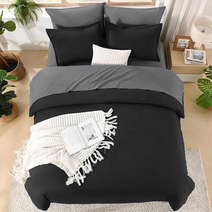 Litanika Comforter Queen Size Set Black Grey - 7 Pieces Bed in a Bag Queen Bedding Comforter Sets, Plain Lightweight Bed Set with Comforter, Sheets, Pillowcases & Shams