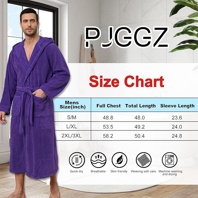 Men's Bathrobes with Hood, Soft Long Towel Robe for Men - Super Absorbent Quick Dry yet Warm