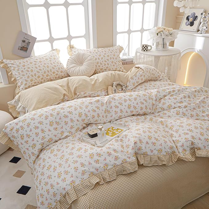 HighBuy Twin XL Comforter Set Lace Ruffle Bedding Comforter Fluffy Coquette Floral Bedding Set 3 Piece Princess Yellow Floral Comforters with 2 Lace Ruffles Pillowcases Cozy Soft