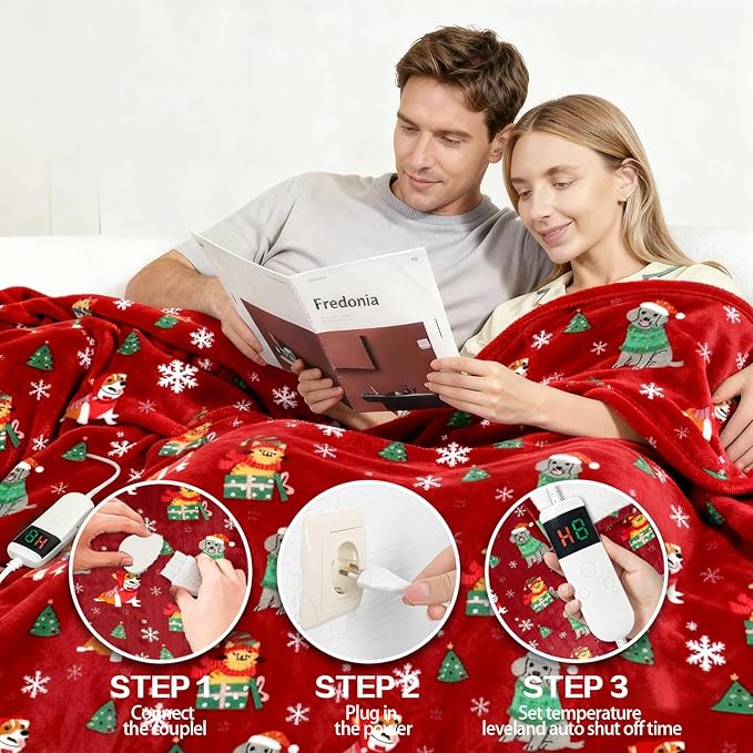 Electric Blanket Heated Throw, Soft Flannel 50"x60" Plaid Heating Blanket with 8 Hours Auto Off 10 Fast Heating Levels Machine Washable Sherpa Heated Blanket with Overheating Protection
