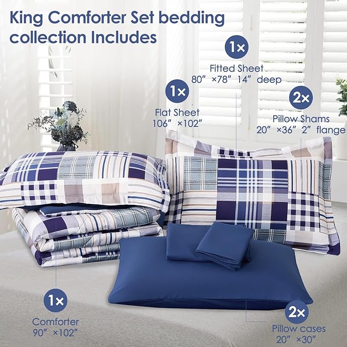 Comforter Set King Size Plaid Patchwork Comforter Bedding-7 Piece Bed in a Bag,Soft Fluffy Reversible Microfiber Bedding Set(1 Comforter,1 Flat Sheet,1 Fitted Sheet,2 Pillowcases,2 Pillow Shams),Navy