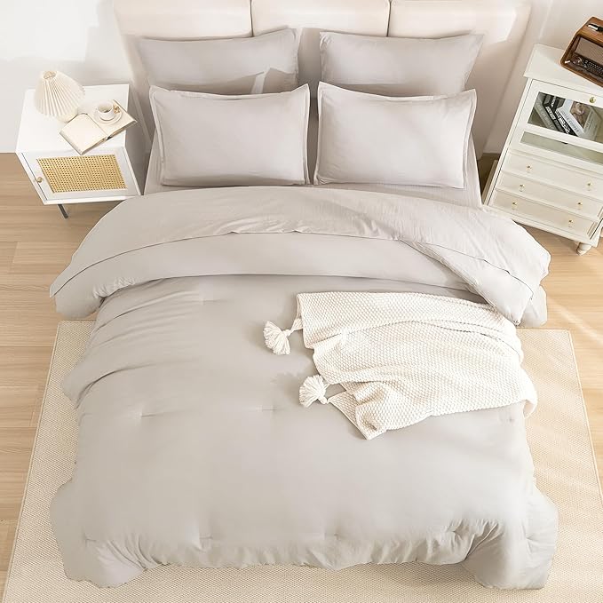 Litanika Full Size Comforter Sets Linen - 7 Pieces Bed in a Bag Full Bedding Comforter Sets, Solid Lightweight Bed Set with Comforter, Sheets, Pillowcases & Shams