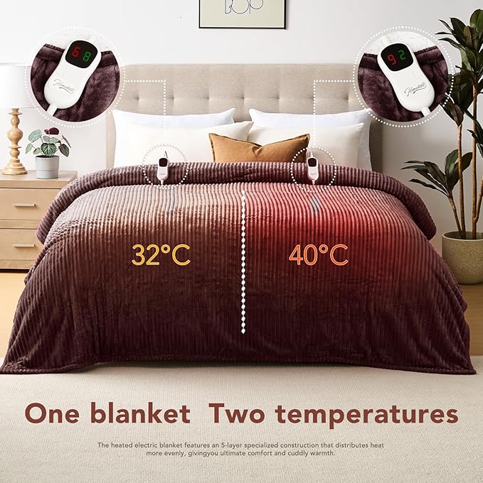 Homemate Electric Heated Blanket Queen Size - 84"x90" Heating Blanket Queen Size Dual Control 1/2/4/6/8 Hours Auto-Off 10 Heat Level Over-Heat Protection Soft Flannel Sherpa ETL Certification