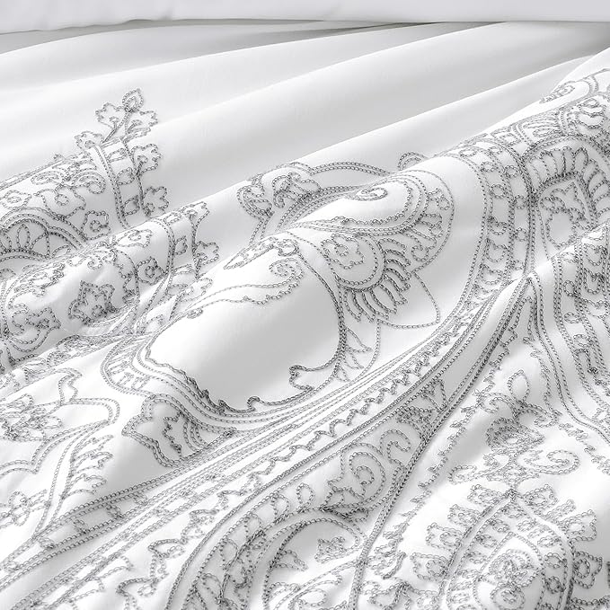 Sunshine Nicole Reversible Comforter Set, Brushed Microfiber Fabric with Embroidery for Front and Printed Microfiber Fabric for Reverse, 3 Pieces Grey White Queen