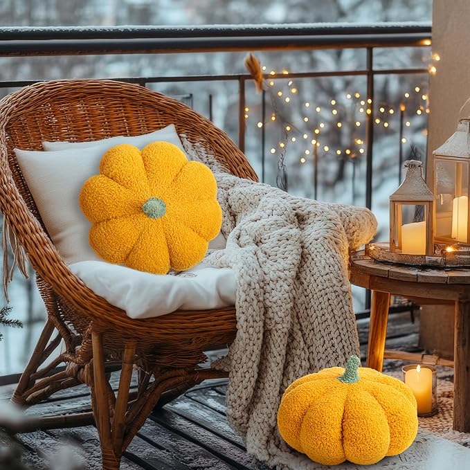 Kajaia 1 Pcs Pumpkin Pillow Plush 11 x 9.5 Inch 3D Cushion Fall Decorations Simulated Stuffed Throw Pillows for Halloween Thanksgiving Bedroom Sofa Couch Supplies (Yellow)