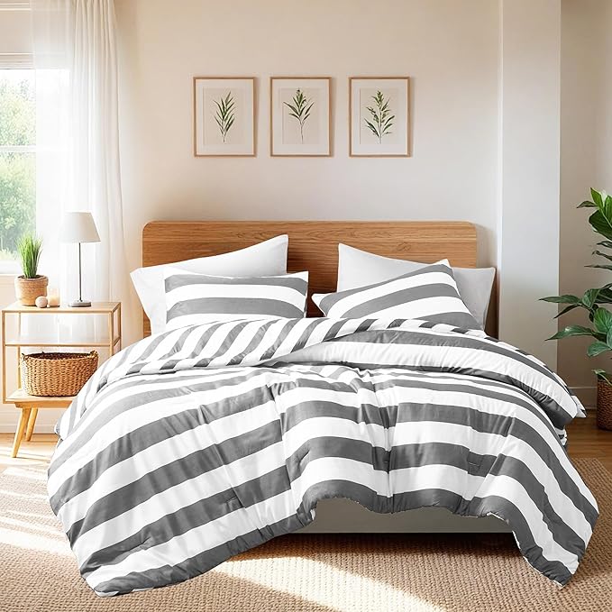 Reversible Striped Queen Comforter Set, Soft Microfiber Bedding Set with Double-Sided Stripes Design, Warm & Cozy for All-Seasons, 3-Piece Comforter and Shams Set Queen Size, Charcoal