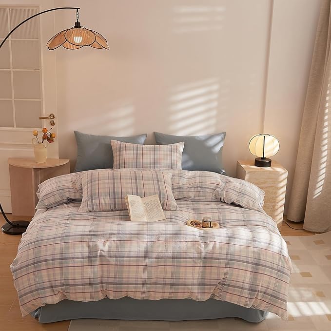 HighBuy Pink Blue Gingham Comforter Set Queen Modern Grid Plaid Bedding Comforter with 2 Pillowcases Soft Fluffy 3 Pieces Checkered Pattern Comforter Set Farmhouse Gingham Bedding Set