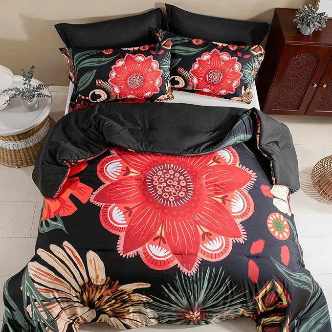 Black Red Boho Floral Queen Comforter Set - 3 Piece Farmhouse Botanical Bedding Comforter Sets for All Season Soft Lightweight Mid Century Bed Set, (1 Reversible Comforter and 2 Pillow Shams