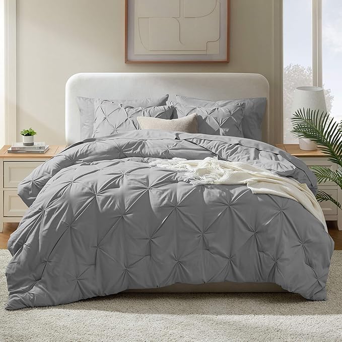 Nestl Queen Comforter Set 7 Piece - Pinch Pleated Comforters Queen Size Grey, Bed in a Bag Queen All Season, Queen Size Comforter Sets Bedding with Flat Sheet and Fitted Sheet, Pillowcases and Shams